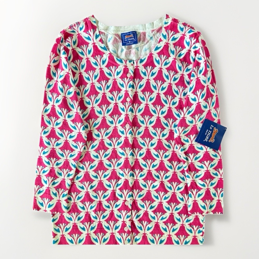 NWT Le Tigre Pink Button Front 3/4 Sleeve Cardigan M Golf Preppy‎ Colorful Twee